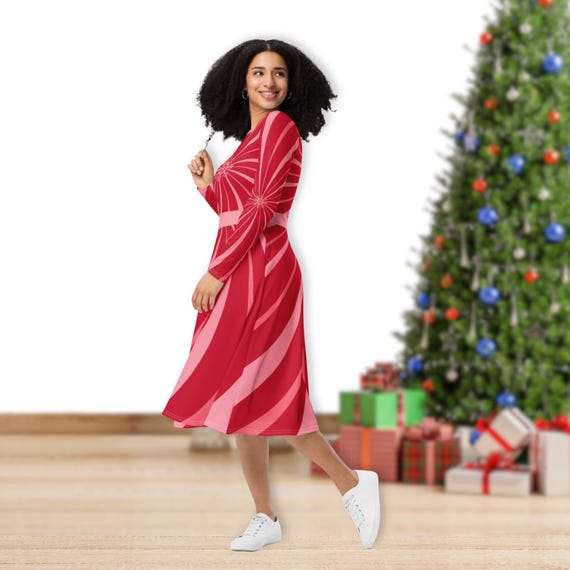christmas fitted dress Pink Candy Cane Long Sleeve Midi Pockets, Red White Peppermint Swirl, Knit Jersey Waist, Flared Bottom Plus Size womens red christmas dress