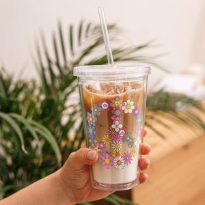 Iced Coffee Latte Acrylic Tumbler, 16oz Cold Cup, Clear Acrylic, Plastic Boho Tumbler, Floral Peace Sign Tumbler, Cold Drink Lid & Straw