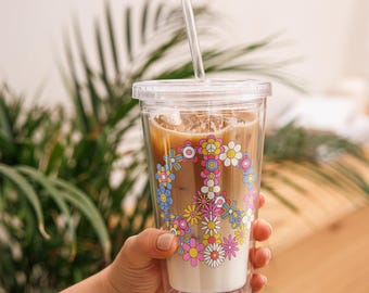 Iced Coffee Latte Acrylic Tumbler, 16oz Cold Cup, Clear Acrylic, Plastic  Boho Tumbler, Colorful Floral Peace Tumbler, Cold Drink Lid & Straw - Etsy