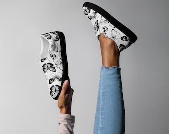 Handmade Women’s Butterfly Print Slip-On Canvas Shoes, Black and White Butterflies, Canvas Casual Shoes, Black Soles, No Lace Sneakers