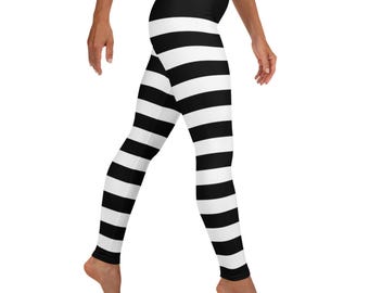 Leggings de rayas blancas y negras, góticos de Halloween, largos, festivales rave, temporada espeluznante, estilo pantalón, disfraz, mallas elásticas