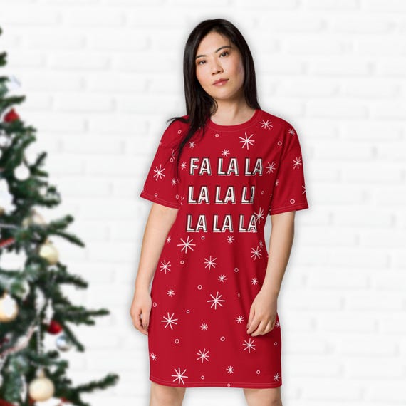 Oversized Red Fa La La Holiday T-Shirt Dress, 2XS-6X, Christmas Tee Dress, House Night Shirt Dress, Plus Sizes, Comfy Tunic, Sizes 2XS-6X