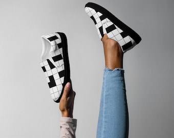 Handmade Women’s Checkerboard Print Slip-On Canvas Shoes, Black and White Checkerboard, Canvas Casual Shoes, Black Soles, No Lace Sneakers