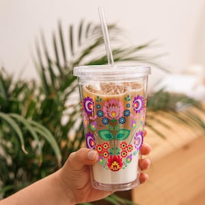 Iced Coffee Latte Acrylic Tumbler, 16oz Cold Cup, Clear Acrylic, Plastic Boho Tumbler, Scandinavian Flowers Tumbler, Cold Drink Lid & Straw