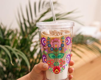Iced Coffee Latte Acrylic Tumbler, 16oz Cold Cup, Clear Acrylic, Plastic Boho Tumbler, Scandinavian Flowers Tumbler, Cold Drink Lid & Straw