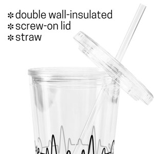 May include: A clear plastic tumbler with a double wall, a screw-on lid, and a straw. The tumbler has a black and gray heartbeat design on the side.