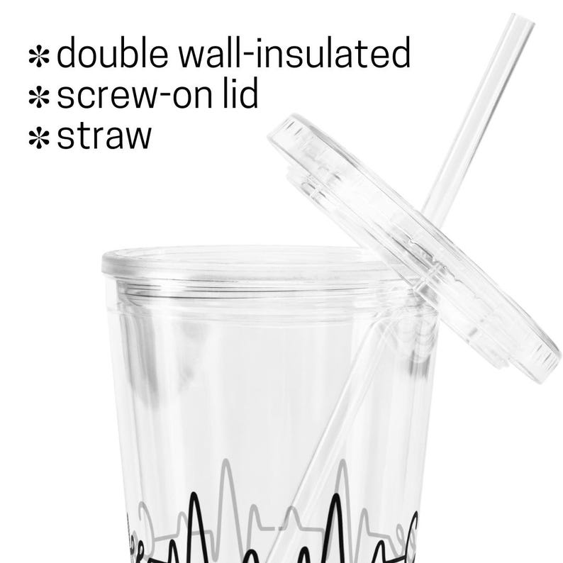 May include: A clear plastic tumbler with a double wall, a screw-on lid, and a straw. The tumbler has a black and gray heartbeat design on the side.