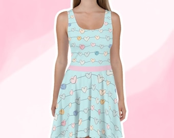 Fairy Kei Heart Skater Dress, Pastel Goth Kawaii Clothing, Pink Blue, Soft Stretch, Mid-Thigh Fit Flare, Xs-3x Plus size, Sleeveless Skirt