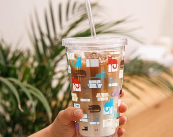 Iced Coffee Latte Acrylic Tumbler, 16oz Cold Cup, Clear Acrylic, Plastic Boho Tumbler, Colorful Cats Tumbler, Cold Drink Lid & Straw