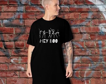 Übergroße tanzende Skelette ""Hey Boo"" Halloween T-Shirt Kleid, 2XS-6X Plus Größe, T-Shirt, Streetwear, Haus Tunika, Festival Rave, Gruselige Saison."