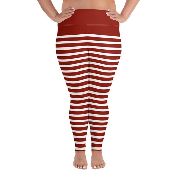 Plus Size Red White Striped High Waist Leggings, Christmas