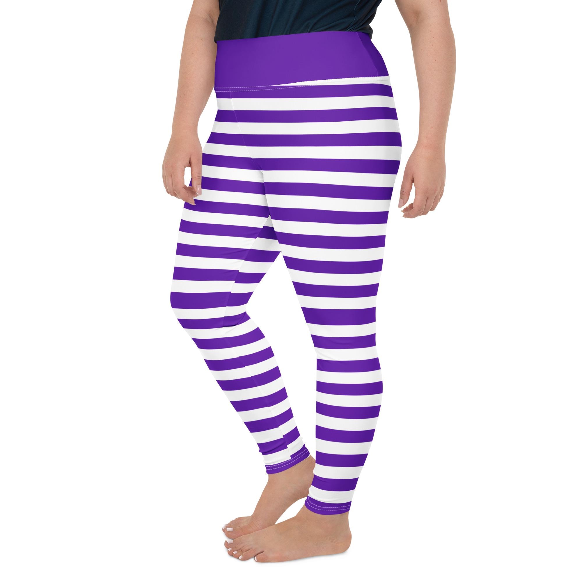 Plus Size Purple White Striped Leggings, High Waist Halloween