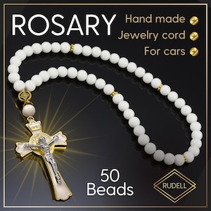 Car Rosary for Rearview Mirror, White Beaded Crucifix Catholic Rosaries, Faith Gift, Hanging Cross for Car Mirror, Spiritual Talisman