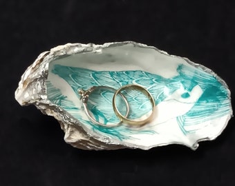 Oyster shell Ring Jewelry Dish.. Blue Bird, Metallic Silver Edging ... 3x2 inch