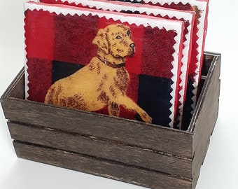 Golden Lab Retriever Dogs Resin Coated Ceramic Tile Coasters with Wood Box - Buffalo Plaid, Home Decor, Housewarming, Hostess Gift