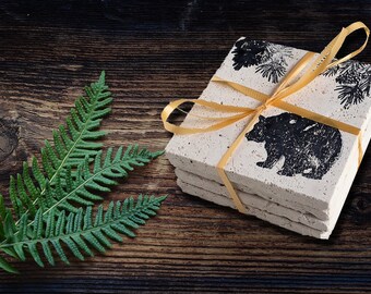 Rustic Bear Design Coasters Tumbled Ivory Classic 3.94 in. x 3.94 in. Stone Tile  --- Set of 4 - Country, Cabin, Mancave