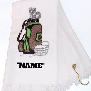 White Golf Bag Design Embroidered Golf Towel with grommet 16&quot; x 26&quot; Personalized (Optional)