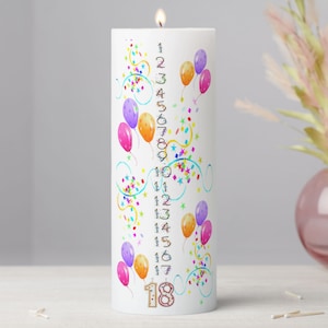 Birthday Countdown Candle - Multi Color, Blue or Pink - 1 - 18 years  9 inches tall - Pillar 3 inch diameter or 9 inch Taper Candle