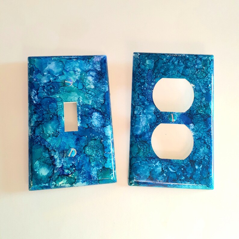 Light Switch and Outlet Covers Set Bright Blue Marble Design Plastic