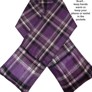 Purple Tartan Plaid Double Pocket scarf - lightweight cozy warm 60 inches long Unisex #017