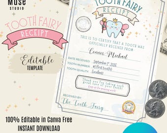 Tooth Fairy Receipt Editable Canva Template, Lost Tooth Certificate, Tooth Fairy Letter, Printable Tooth Receipt, Instant Download
