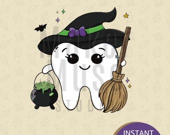 Halloween Witch Tooth Clipart – Dental Digital Art (png, jpg, pdf, ai)