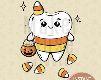 Halloween Tooth Illustration: Hand-Drawn, Candy Corn, Dental Art (Digital Download)