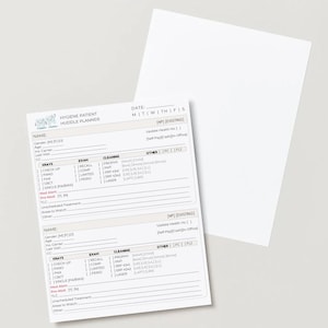 May include: Two white paper Hygiene Patient Huddle Planner forms with printed text. The forms include sections for patient information, exams, cleaning, and other notes. A blank white paper is behind the forms.