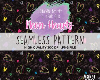 Neon Hearts Seamless Pattern, Hand-Drawn Valentine's Design (PNG)