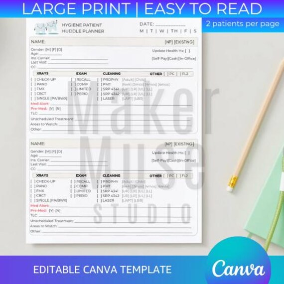Dental Hygiene Patient Huddle Planner | Large Print | Spacious Layout | Canva Template | Easy Read