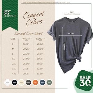 The image is a promotional graphic for Next Day Shipping, featuring a gray t-shirt with size and color charts, along with a sale offer.