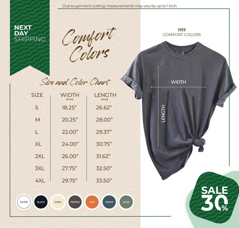 The image is a promotional graphic for Next Day Shipping, featuring a gray t-shirt with size and color charts, along with a sale offer.