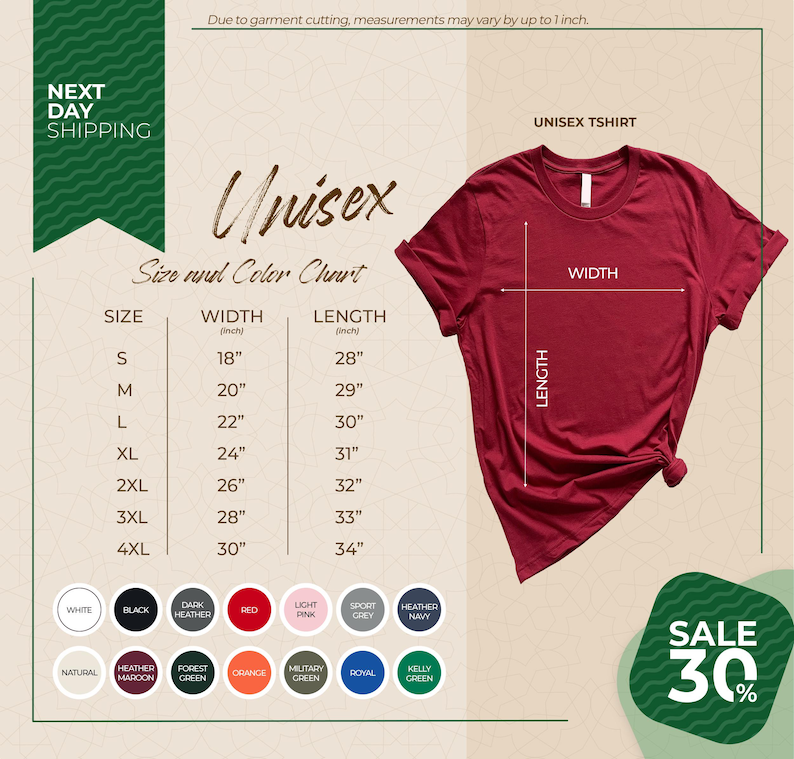 The image is a promotional advertisement for a clothing brand, specifically a unisex t-shirt. It features a red t-shirt with measurements and color options displayed, along with a sale promotion.