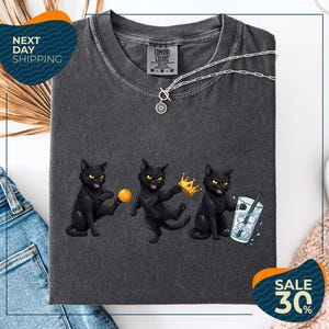 a gray t-shirt with a graphic design of three black cats, each holding a different object: a ball, a crown, and a drink. The t-shirt is displayed on a white background, and there are jeans and a white object in the background. The image also includes text that reads "Next Day Shipping" and "SALE 30%".