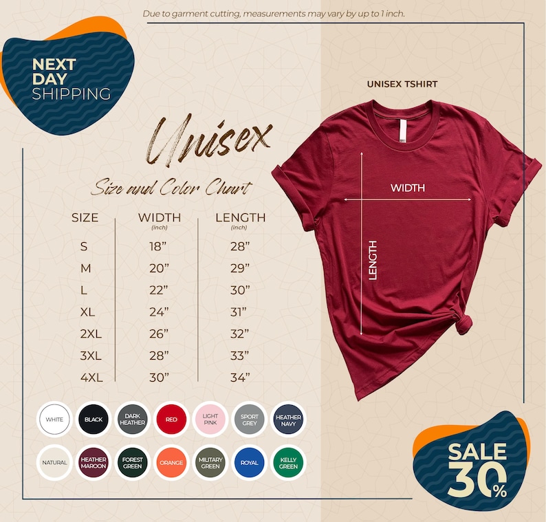 The image is a promotional graphic for a clothing brand, specifically a unisex t-shirt. It features a red t-shirt with measurements and color options displayed, along with a sale promotion.