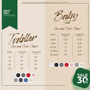 The image is a promotional flyer for Next Day Shipping, featuring a size and color chart for baby suits. The chart provides measurements for different age groups, including toddler, baby, and suit sizes, along with corresponding widths and lengths. The flyer also includes a sale offer of 30% off.
