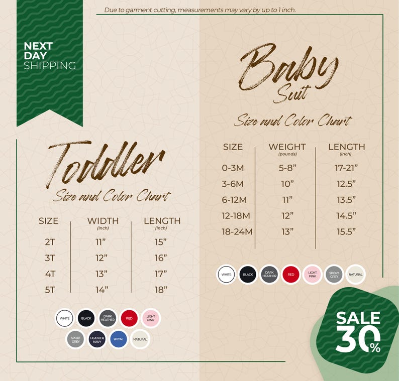 The image is a promotional flyer for Next Day Shipping, featuring a size and color chart for baby suits. The chart provides measurements for different age groups, including toddler, baby, and suit sizes, along with corresponding widths and lengths. The flyer also includes a sale offer of 30% off.