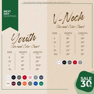 The image is a promotional poster for Next Day Shipping, featuring a size and color chart for youth and v-necks. The chart provides measurements for different sizes, including S, M, L, and XL, along with corresponding widths and lengths. The poster also includes a sale offer of 30% off.