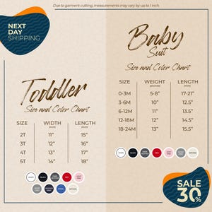 The image is a promotional graphic for a clothing store, displaying size and color charts for toddler and baby suits. The chart provides measurements and corresponding colors for each size, with a sale offer of 30% off.