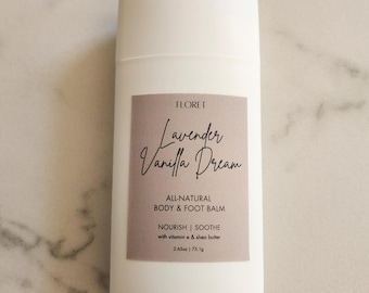 Könnte beinhalten: Weiße Plastiktube mit einem Etikett mit der Aufschrift "FLORET Lavender Vanilla Dream All-Natural Body & Foot Balm Nourish | Soothe with vitamin e & shea butter 2.65oz | 75.1g"