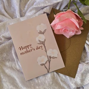 Cartão de Dia das Mães com Flor de Algodão, Cartão Floral, Cartão de Mãe, Cartão Feito à Mão, Presente de Dia das Mães, Design Botânico