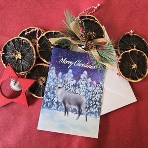 Biglietto di auguri natalizio con renne, neve, inverno, cielo viola, arte Sami norvegese, biglietto di auguri