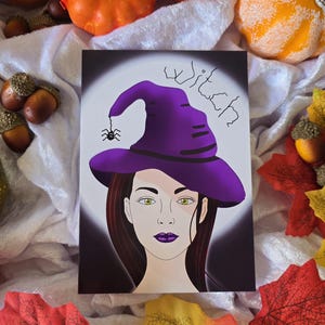 Biglietto di auguri strega, Samhain, Luna, Halloween, Illustrazione spettrale, Streghe della Sorellanza, Strega della Luna, biglietto di auguri, biglietto di compleanno, strega