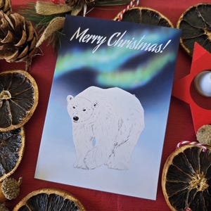 Biglietto di Natale con orso polare, aurora boreale, paesaggio invernale, Buon Natale, biglietto con animali