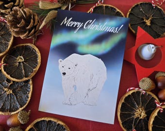 Polar bear Christmas card, norther lights, winter landscape, Merry Christmas, animal card