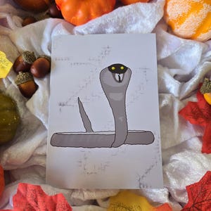 Cobra-wenskaart, zwart-wit, gele ogen, blanco binnenkant, Halloween-kaart