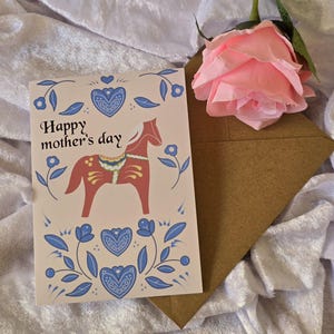 Mother's Day Greeting Card, Dala Horse Design, Folk Art Card, Mother's Day Card, Scandinavian Art Card, Gift for Mom
