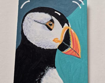 Dipinto originale ACEO di una pulcinella di mare / Opera d'arte unica raffigurante un uccello / Mini opera d'arte di animali / Cartolina ACEO a tecnica mista / Opera d'arte originale firmata