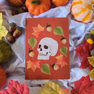 Skull greeting card, fall leaves, acorn, goth birthday, alternative greeting card, Halloween card, birthday card