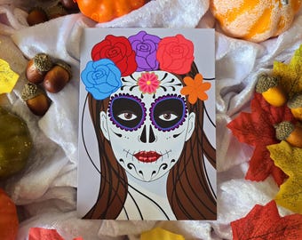 Printable Day of the Dead Card – La Catrina Dia de los Muertos Greeting Card PDF – Halloween Digital Download